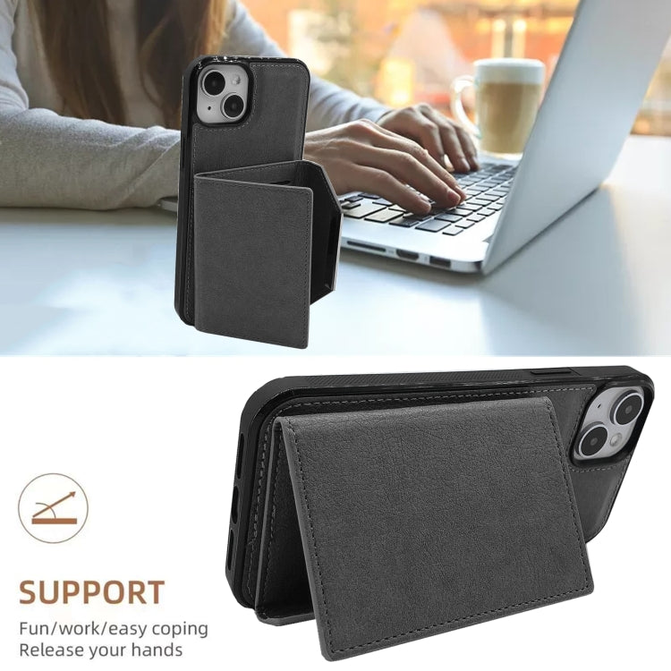 For iPhone 15 Plus Solid Color Metal Buckle Card Slots Bag Phone Case