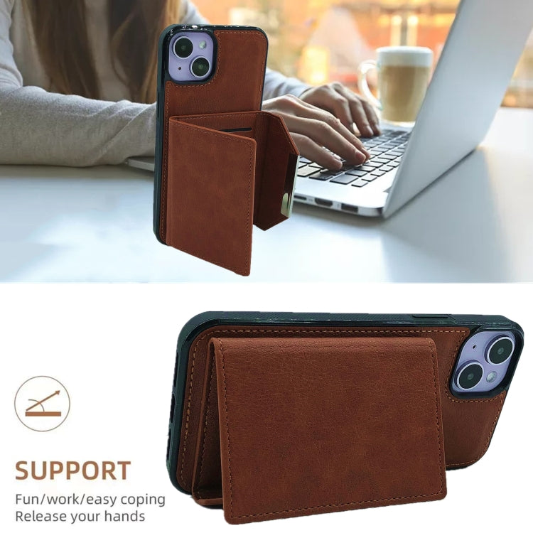 For iPhone 15 Solid Color Metal Buckle Card Slots Bag Phone Case