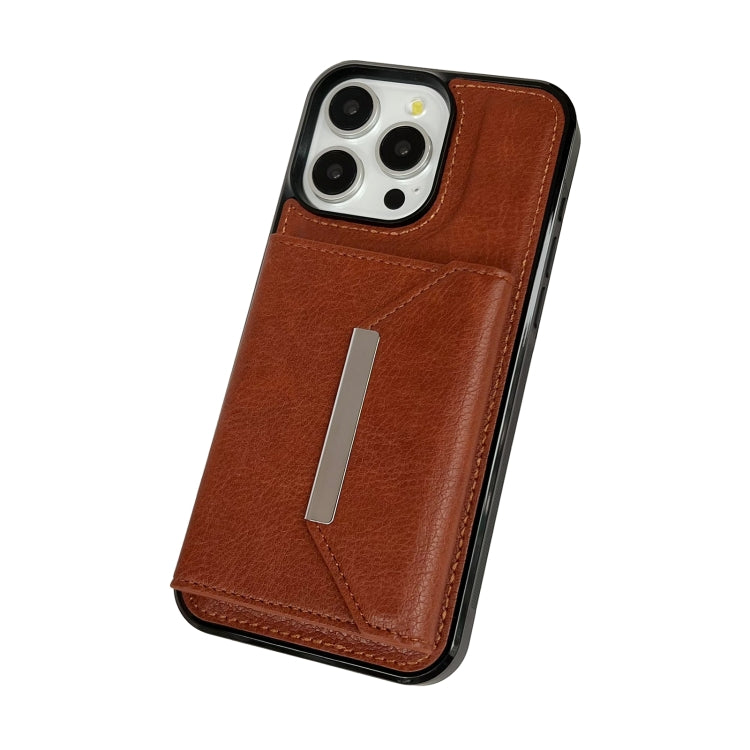 For iPhone 14 Pro Max Solid Color Metal Buckle Card Slots Bag Phone Case