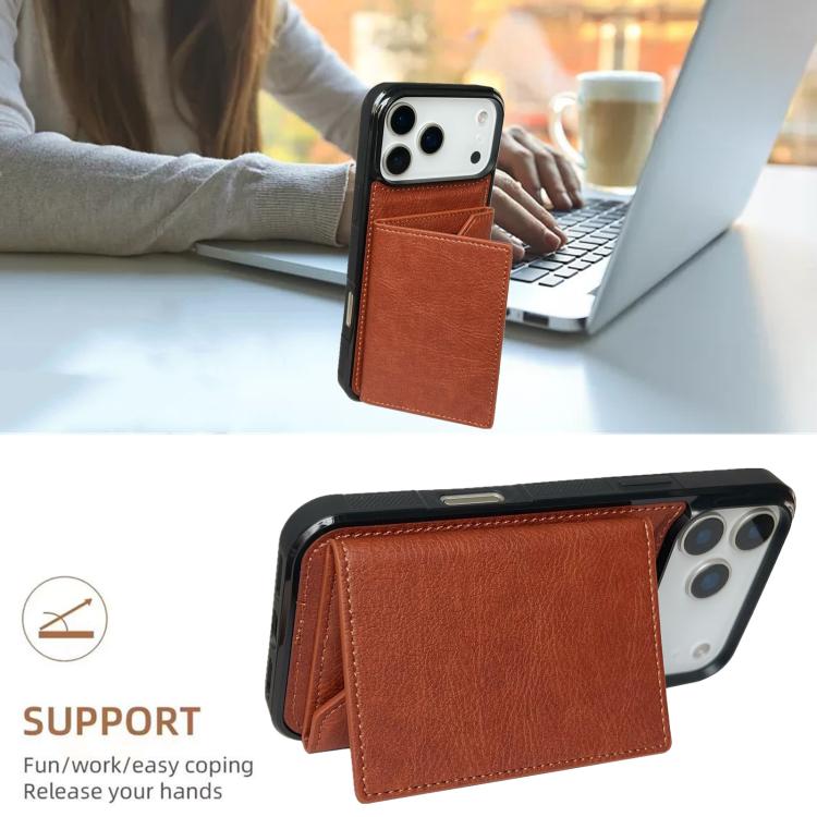 For iPhone 17 Pro Solid Color Metal Buckle Card Slots Bag Phone Case