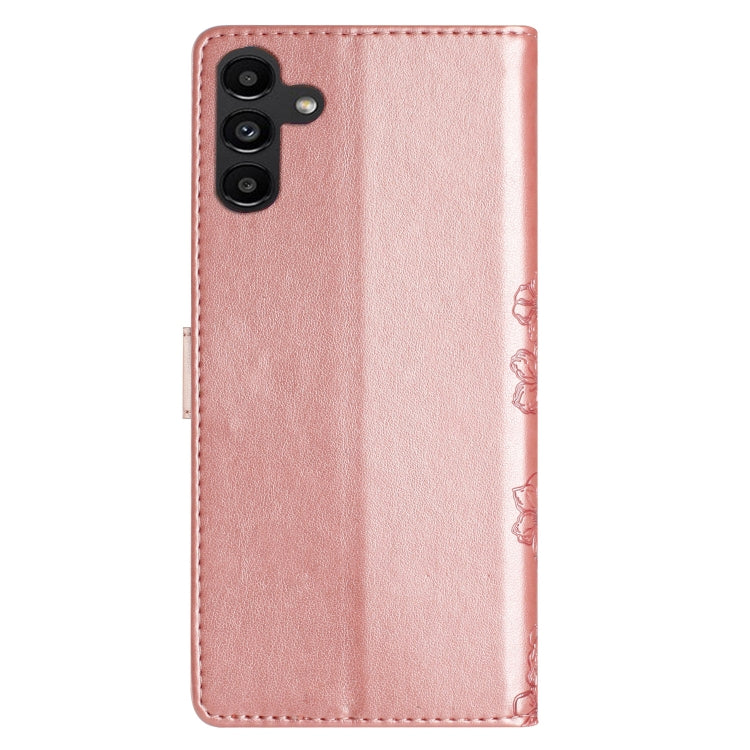 For Samsung Galaxy A04s Cherry Blossom Butterfly Skin Feel Embossed PU Phone Case