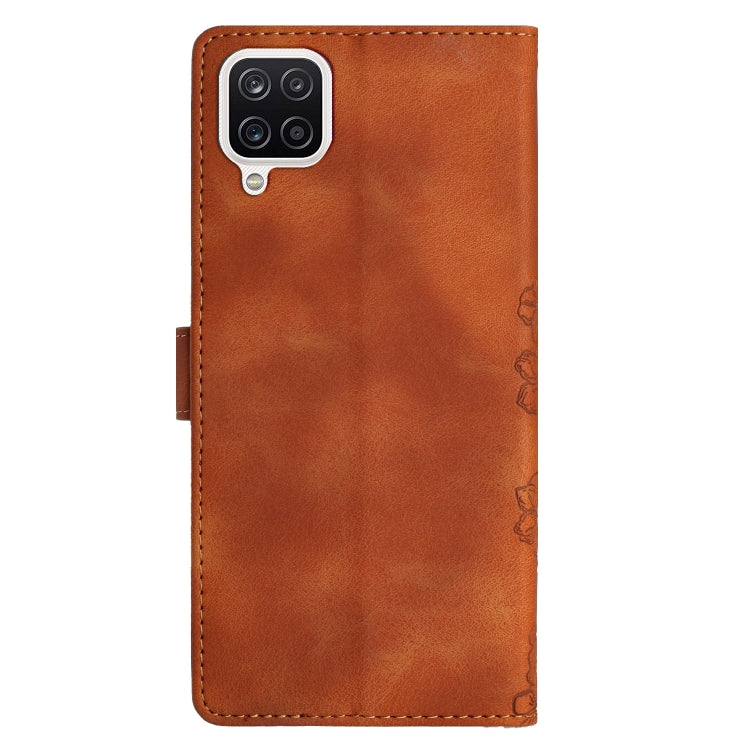 For Samsung Galaxy A12 Cherry Blossom Butterfly Skin Feel Embossed PU Phone Case