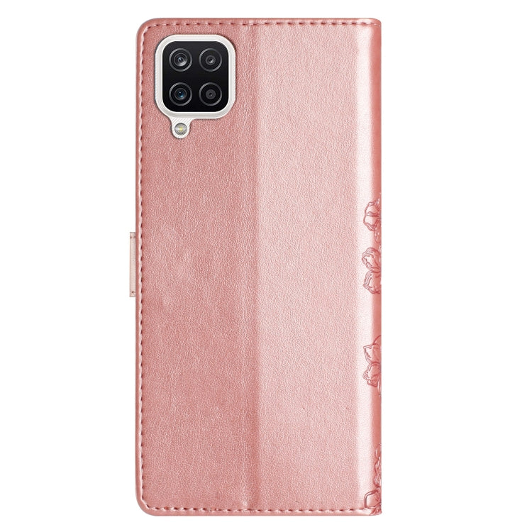 For Samsung Galaxy A12 Cherry Blossom Butterfly Skin Feel Embossed PU Phone Case