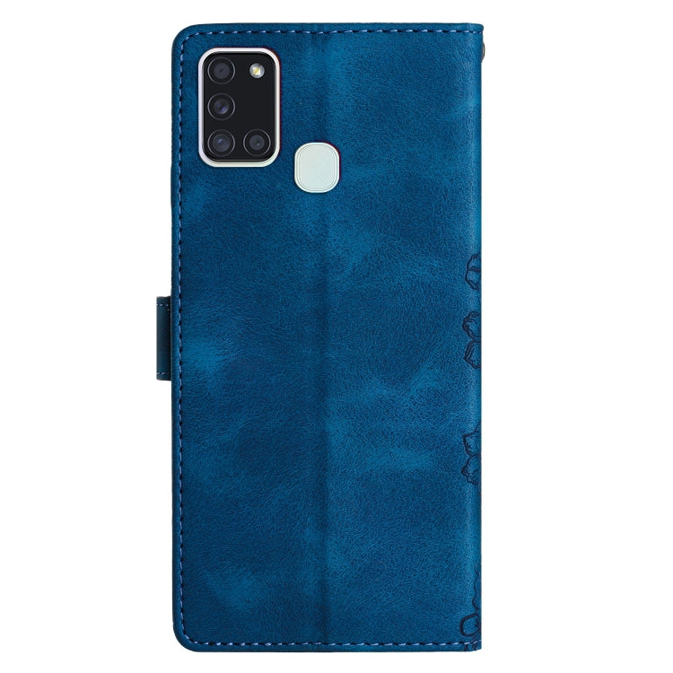 For Samsung Galaxy A21s Cherry Blossom Butterfly Skin Feel Embossed PU Phone Case