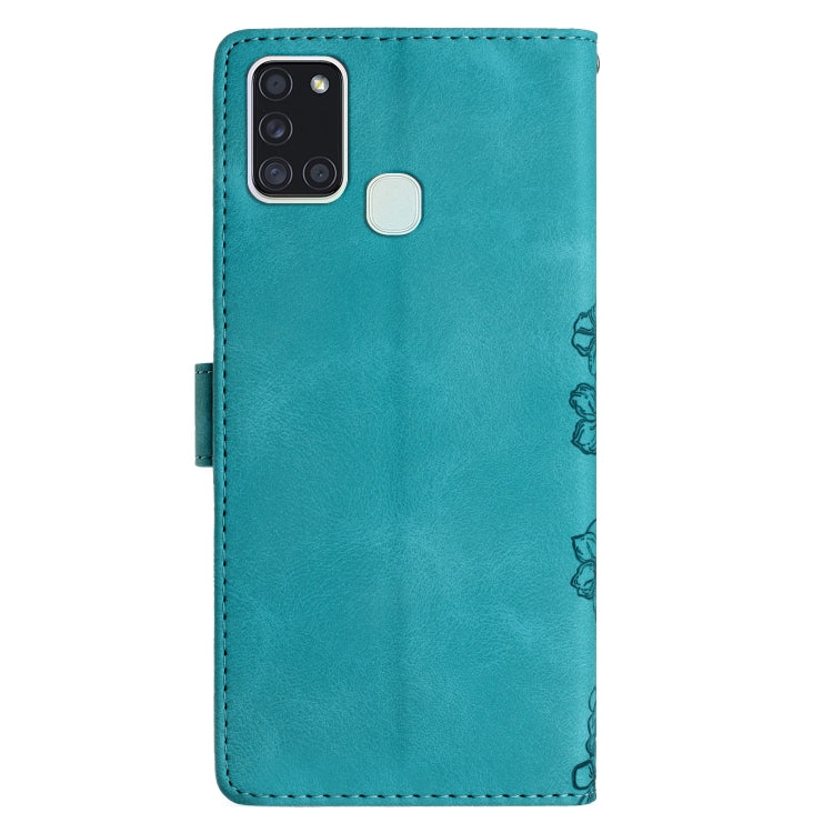 For Samsung Galaxy A21s Cherry Blossom Butterfly Skin Feel Embossed PU Phone Case