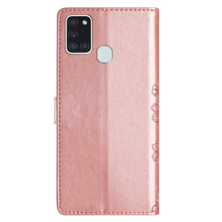 For Samsung Galaxy A21s Cherry Blossom Butterfly Skin Feel Embossed PU Phone Case