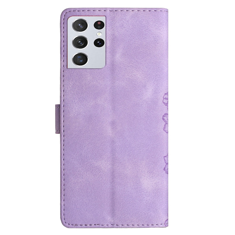 For Samsung Galaxy S21 Ultra 5G Cherry Blossom Butterfly Skin Feel Embossed PU Phone Case