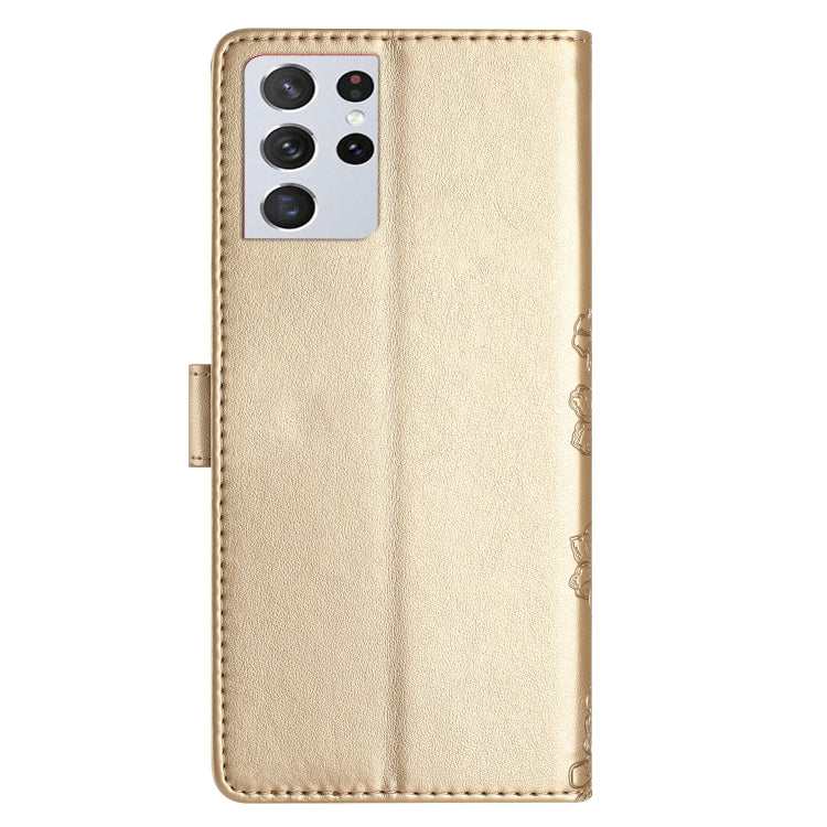 For Samsung Galaxy S21 Ultra 5G Cherry Blossom Butterfly Skin Feel Embossed PU Phone Case