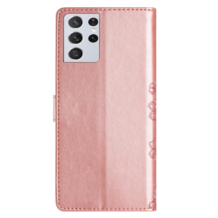 For Samsung Galaxy S21 Ultra 5G Cherry Blossom Butterfly Skin Feel Embossed PU Phone Case