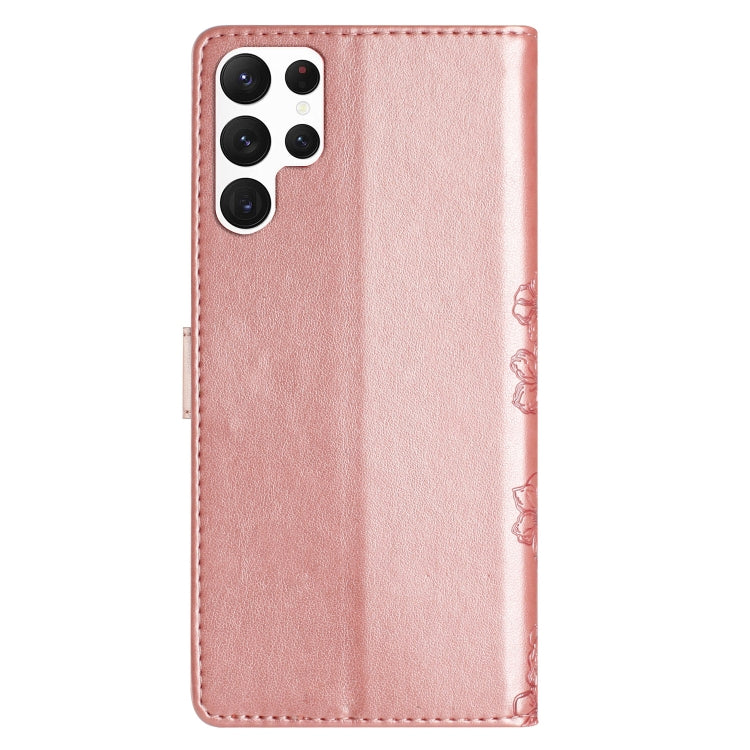 For Samsung Galaxy S23 Ultra 5G Cherry Blossom Butterfly Skin Feel Embossed PU Phone Case