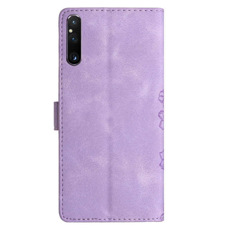 For Sony Xperia 1 V Cherry Blossom Butterfly Skin Feel Embossed PU Phone Case