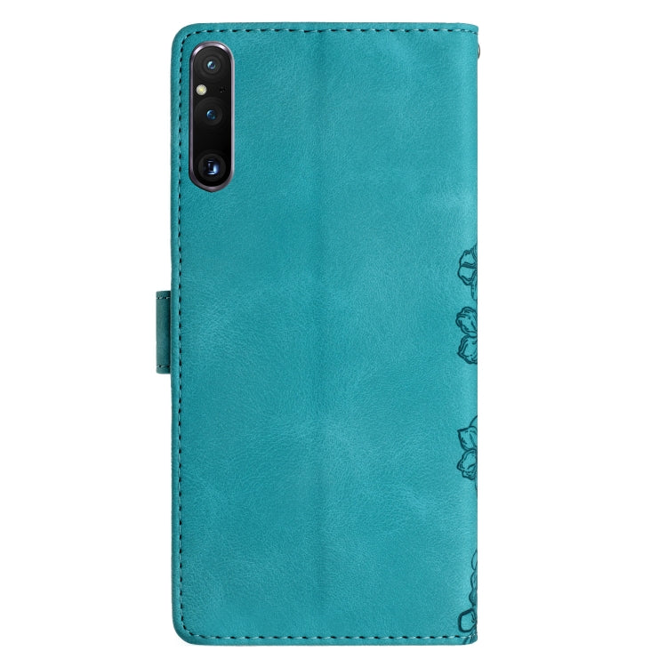 For Sony Xperia 1 V Cherry Blossom Butterfly Skin Feel Embossed PU Phone Case
