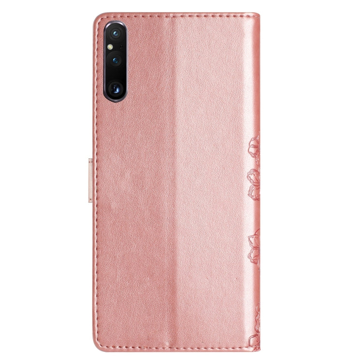 For Sony Xperia 1 V Cherry Blossom Butterfly Skin Feel Embossed PU Phone Case