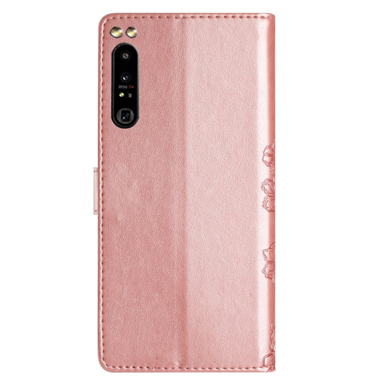 For Sony Xperia 1 IV Cherry Blossom Butterfly Skin Feel Embossed PU Phone Case