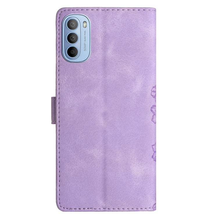 For Motorola Moto G62 5G Cherry Blossom Butterfly Skin Feel Embossed PU Phone Case