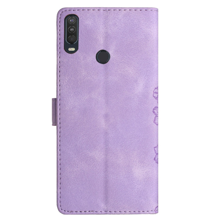 For Motorola One Action Cherry Blossom Butterfly Skin Feel Embossed PU Phone Case