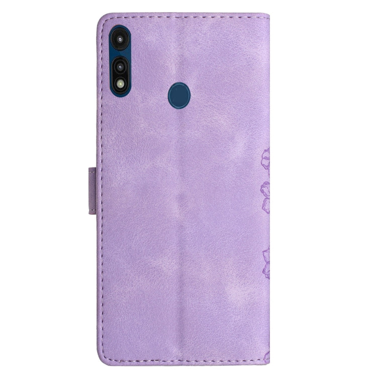 For Motorola Moto E 2020 Cherry Blossom Butterfly Skin Feel Embossed PU Phone Case