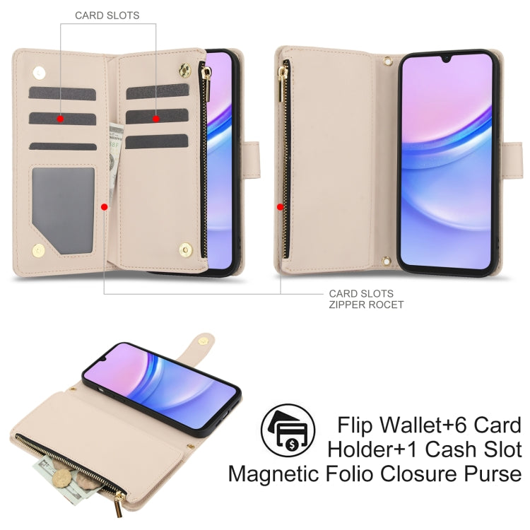 For Samsung Galaxy A15 4G / 5G YM016 Rhombic Zipper Card Wallet Leather Phone Case with Lanyard