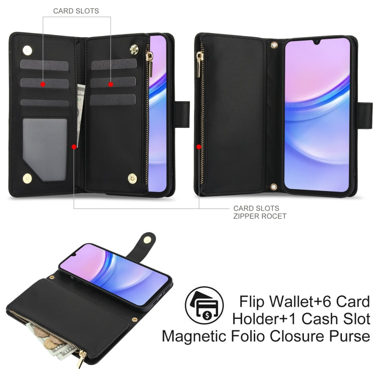 For Samsung Galaxy A15 4G / 5G YM016 Rhombic Zipper Card Wallet Leather Phone Case with Lanyard