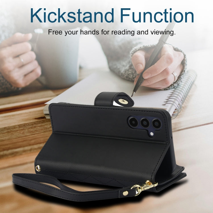 For Samsung Galaxy A15 4G / 5G YM016 Rhombic Zipper Card Wallet Leather Phone Case with Lanyard