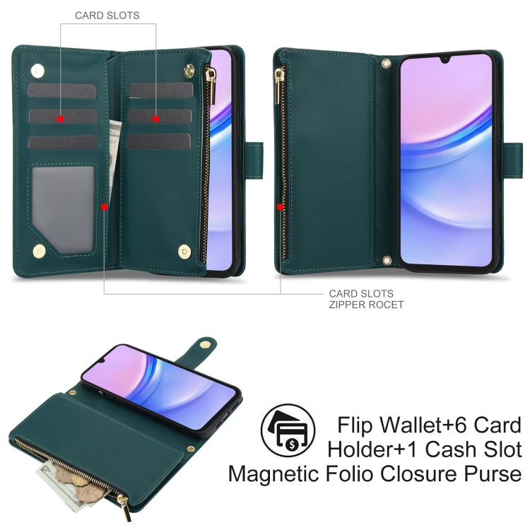 For Samsung Galaxy A15 4G / 5G YM016 Rhombic Zipper Card Wallet Leather Phone Case with Lanyard