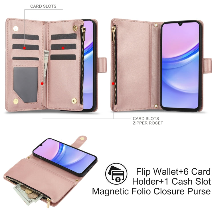 For Samsung Galaxy A15 4G / 5G YM016 Rhombic Zipper Card Wallet Leather Phone Case with Lanyard