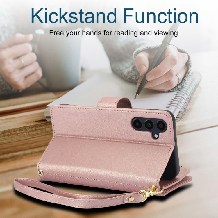 For Samsung Galaxy A15 4G / 5G YM016 Rhombic Zipper Card Wallet Leather Phone Case with Lanyard