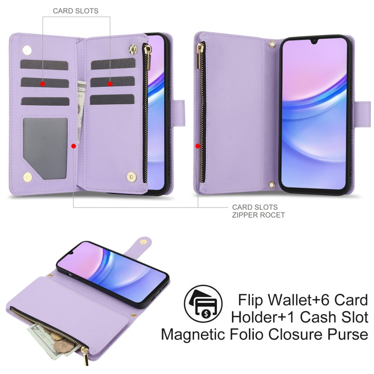 For Samsung Galaxy A15 4G / 5G YM016 Rhombic Zipper Card Wallet Leather Phone Case with Lanyard