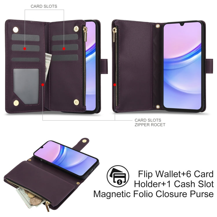 For Samsung Galaxy A15 4G / 5G YM016 Rhombic Zipper Card Wallet Leather Phone Case with Lanyard