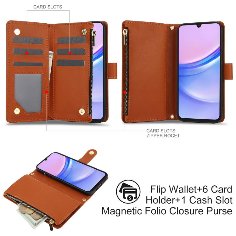 For Samsung Galaxy A15 4G / 5G YM016 Rhombic Zipper Card Wallet Leather Phone Case with Lanyard