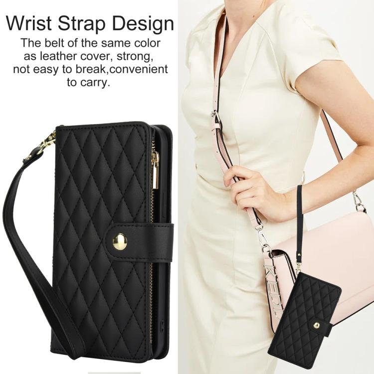 For Samsung Galaxy A56 5G YM016 Rhombic Zipper Card Wallet Leather Phone Case with Lanyard