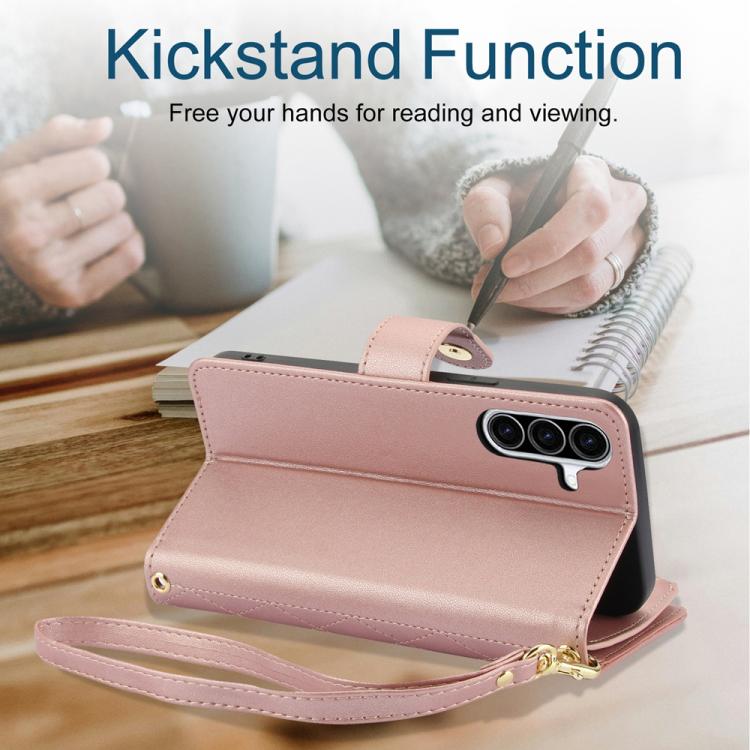 For Samsung Galaxy A56 5G YM016 Rhombic Zipper Card Wallet Leather Phone Case with Lanyard