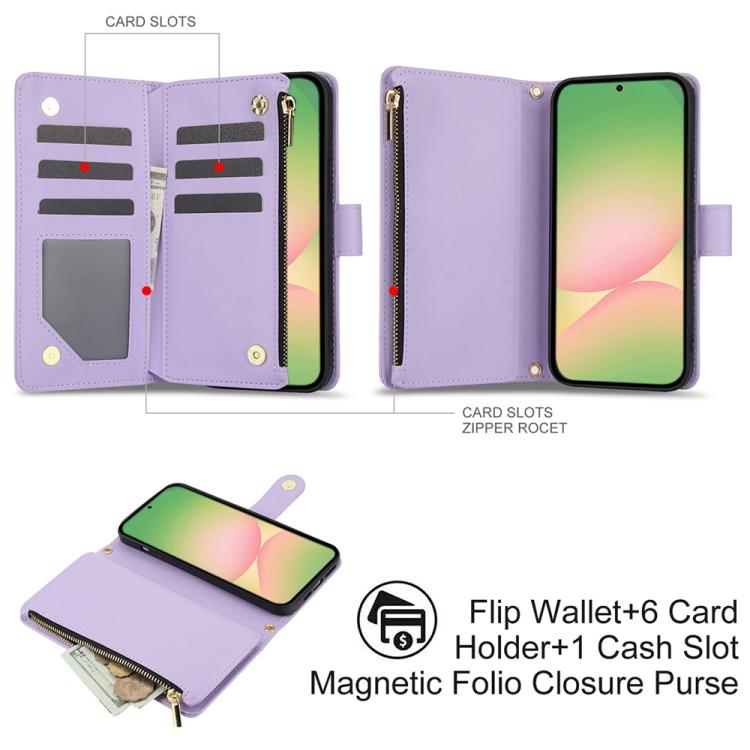 For Samsung Galaxy A56 5G YM016 Rhombic Zipper Card Wallet Leather Phone Case with Lanyard