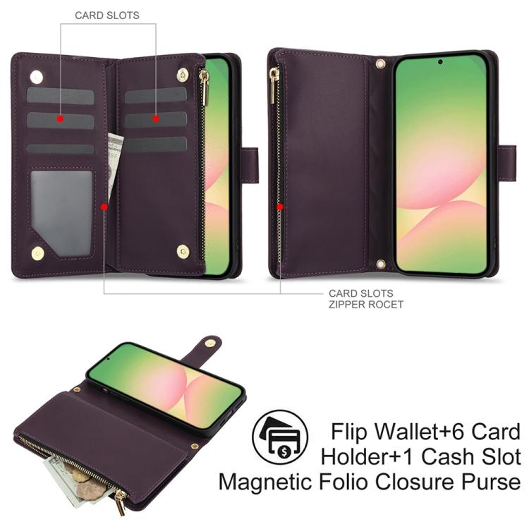 For Samsung Galaxy A56 5G YM016 Rhombic Zipper Card Wallet Leather Phone Case with Lanyard