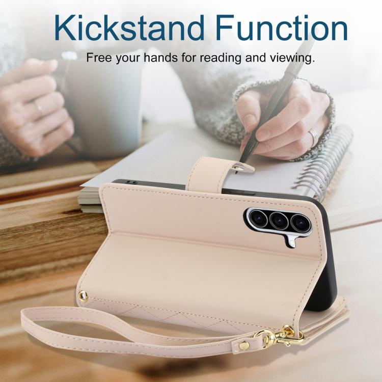 For Samsung Galaxy A36 5G YM016 Rhombic Zipper Card Wallet Leather Phone Case with Lanyard