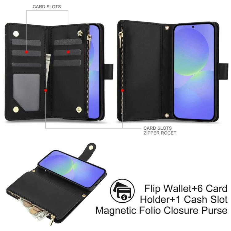 For Samsung Galaxy A36 5G YM016 Rhombic Zipper Card Wallet Leather Phone Case with Lanyard