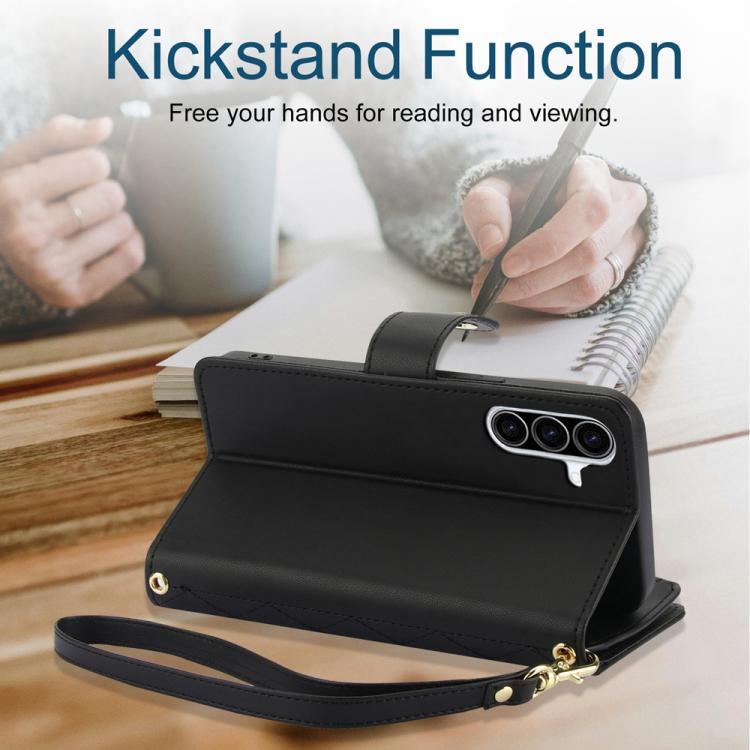 For Samsung Galaxy A36 5G YM016 Rhombic Zipper Card Wallet Leather Phone Case with Lanyard
