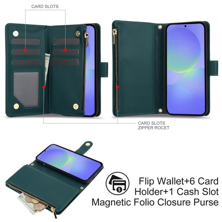 For Samsung Galaxy A36 5G YM016 Rhombic Zipper Card Wallet Leather Phone Case with Lanyard