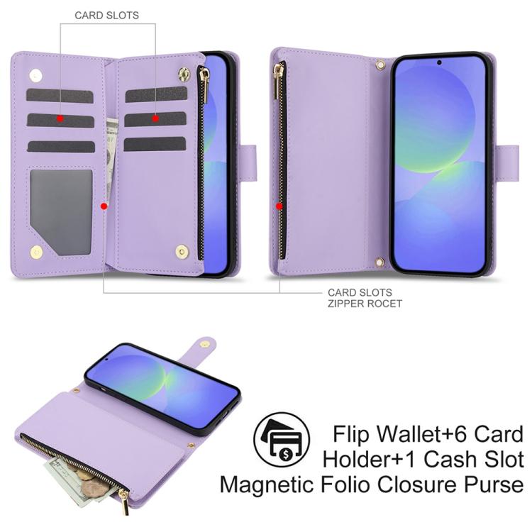 For Samsung Galaxy A36 5G YM016 Rhombic Zipper Card Wallet Leather Phone Case with Lanyard
