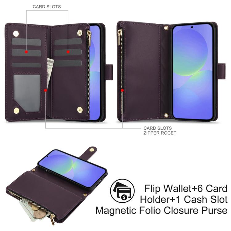 For Samsung Galaxy A36 5G YM016 Rhombic Zipper Card Wallet Leather Phone Case with Lanyard