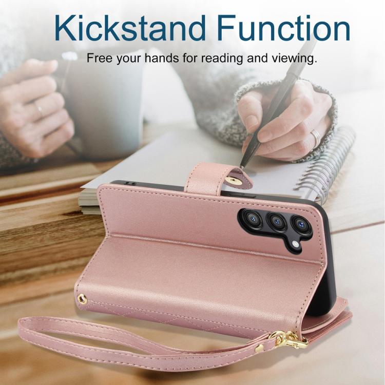For Samsung Galaxy A16 4G / 5G YM016 Rhombic Zipper Card Wallet Leather Phone Case with Lanyard