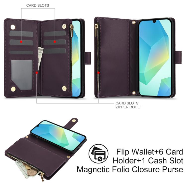For Samsung Galaxy A16 4G / 5G YM016 Rhombic Zipper Card Wallet Leather Phone Case with Lanyard