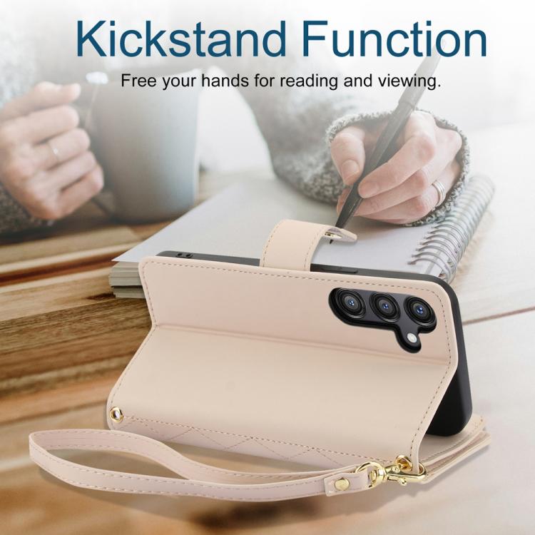 For Samsung Galaxy S24 FE 5G YM016 Rhombic Zipper Card Wallet Leather Phone Case with Lanyard