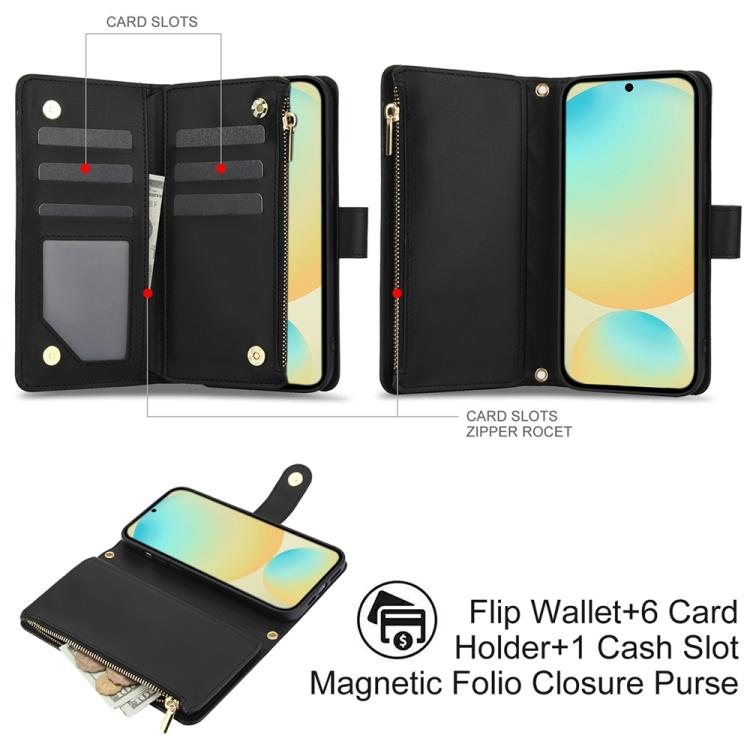For Samsung Galaxy S24 FE 5G YM016 Rhombic Zipper Card Wallet Leather Phone Case with Lanyard