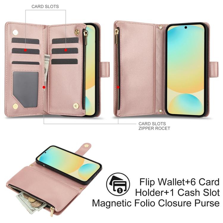 For Samsung Galaxy S24 FE 5G YM016 Rhombic Zipper Card Wallet Leather Phone Case with Lanyard