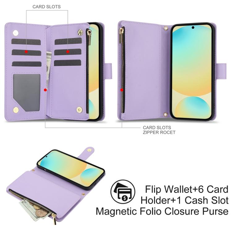 For Samsung Galaxy S24 FE 5G YM016 Rhombic Zipper Card Wallet Leather Phone Case with Lanyard