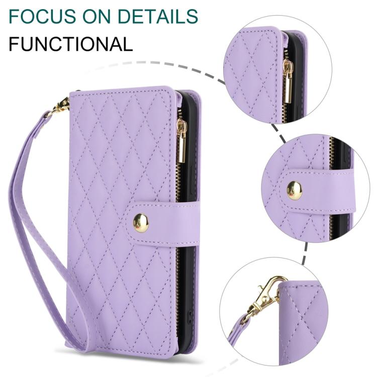 For Samsung Galaxy S24 FE 5G YM016 Rhombic Zipper Card Wallet Leather Phone Case with Lanyard