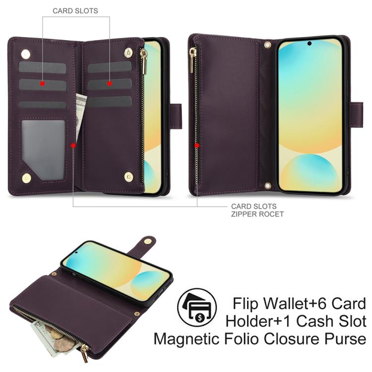 For Samsung Galaxy S24 FE 5G YM016 Rhombic Zipper Card Wallet Leather Phone Case with Lanyard