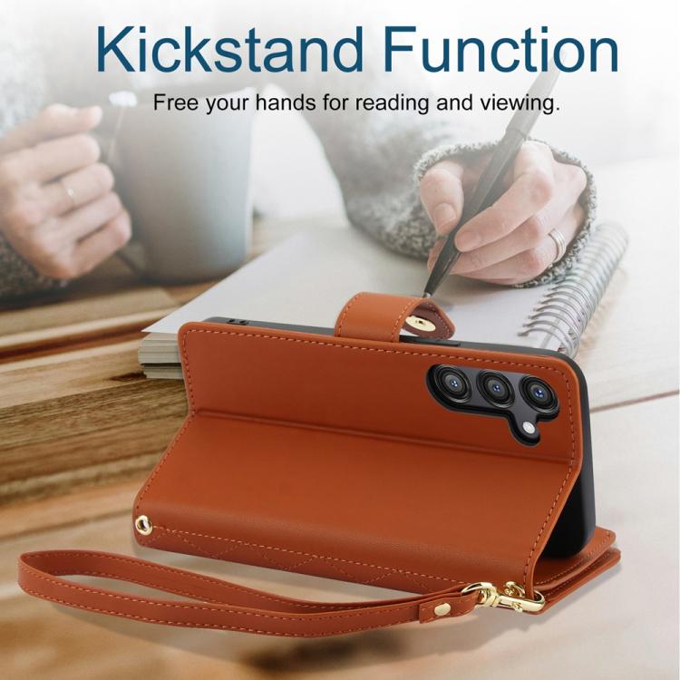 For Samsung Galaxy S24 FE 5G YM016 Rhombic Zipper Card Wallet Leather Phone Case with Lanyard