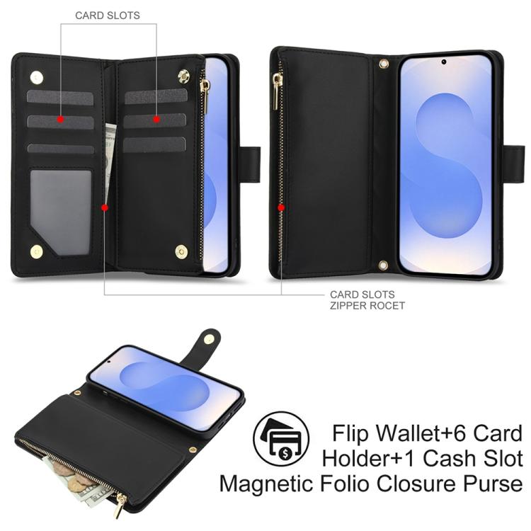 For Samsung Galaxy S25 / S24 5G YM016 Rhombic Zipper Card Wallet Leather Phone Case with Lanyard
